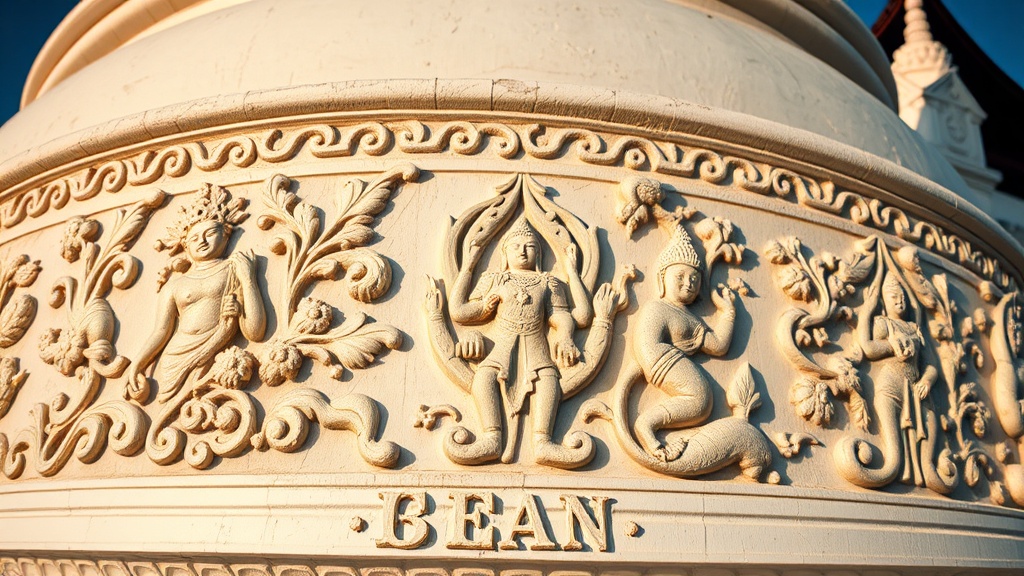 Détail des bas-reliefs sculptés à la base d'un stûpa de la pagode Manfeilong, Yunnan
