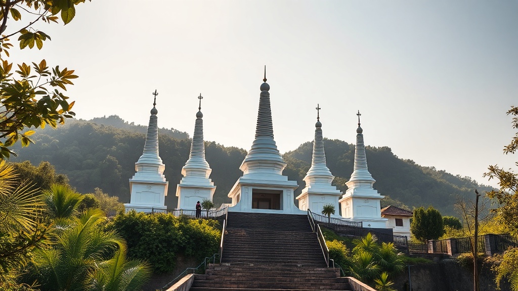 Groupe de stupas blancs de la pagode Manfeilong sur leur colline boisée à Jinghong, Yunnan
