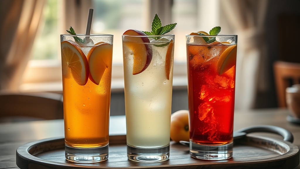 Trois verres de thé glacé maison aux couleurs différentes, garnis de fruits frais et de menthe sur un plateau en bois