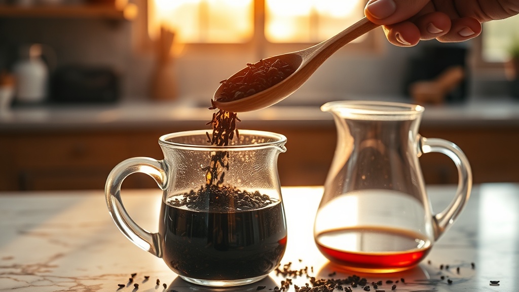 Feuilles de thé noir en vrac versées dans une carafe en verre pour préparer un thé glacé maison
