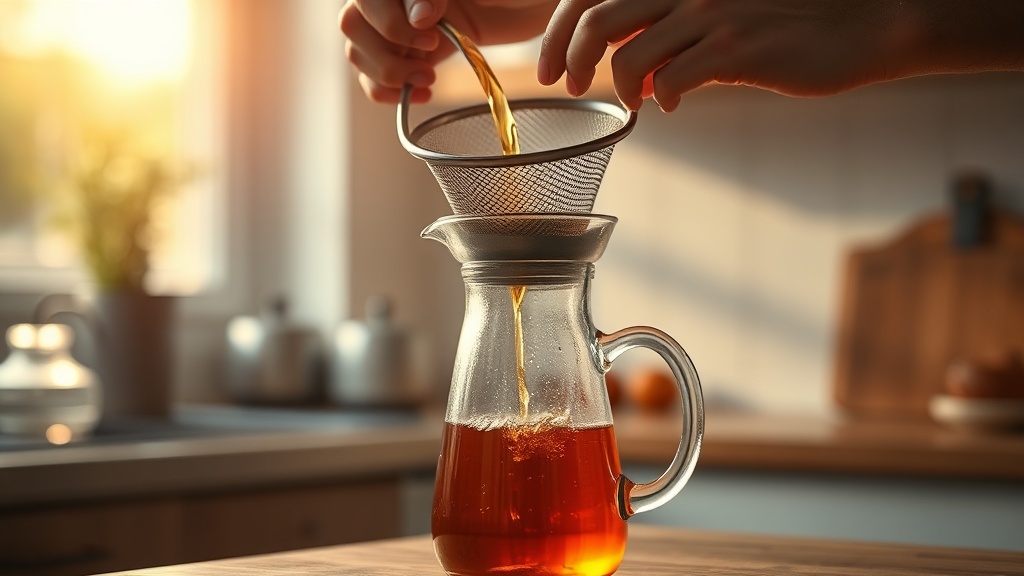 Filtrage d'un cold brew thé glacé maison à travers une passoire fine dans une carafe en verre