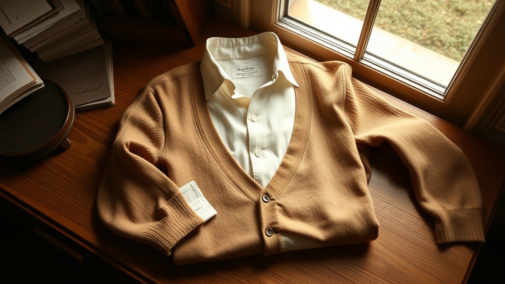 Camel merino V-neck cardigan laid over a cream oxford cloth button-down shirt on a wooden desk