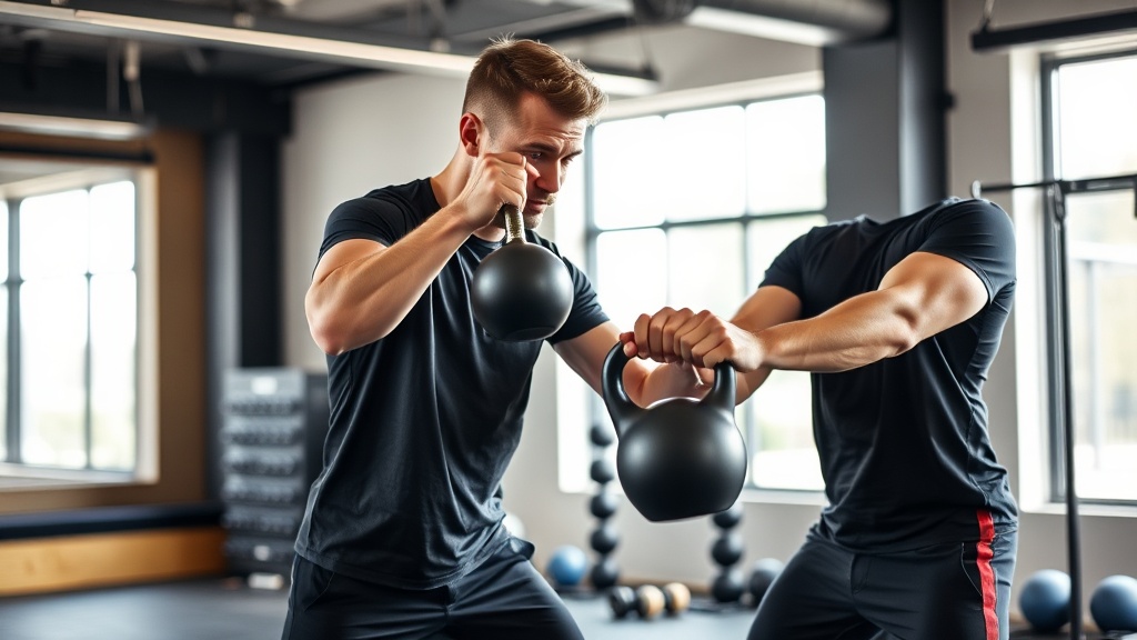 Professional personal trainer coaching a client through a kettlebell swing exercise in a bright mode