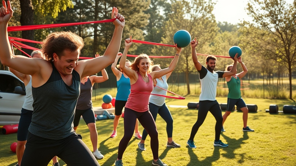 Diverse group of adults doing a functional training circuit outdoors with resistance bands and medic