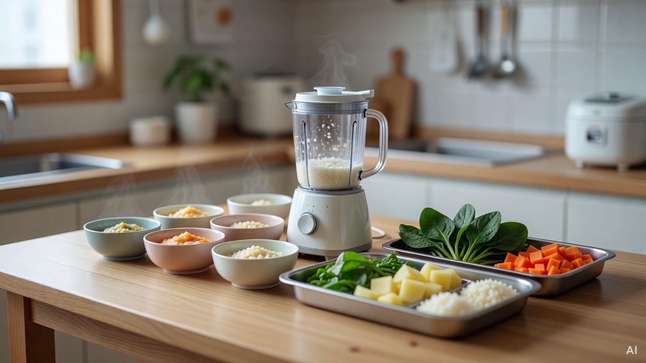 baby food preparation area with small bowls, a blender, and ingredient trays on a wooden table