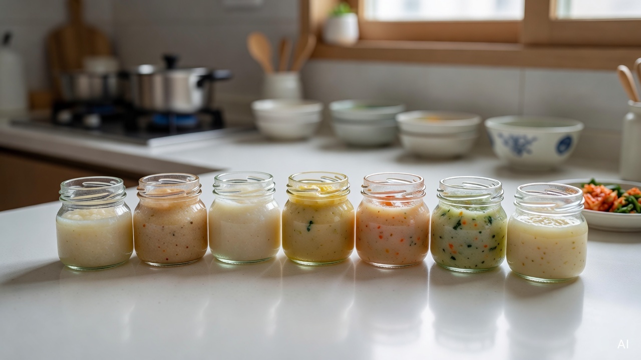 small glass jars with different stages of pureed baby food arranged on a white kitchen counter