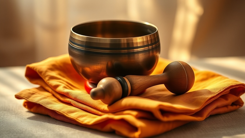 Bol tibétain en bronze posé sur un tissu safran, utilisé pour la sonothérapie et le travail sur les chakras