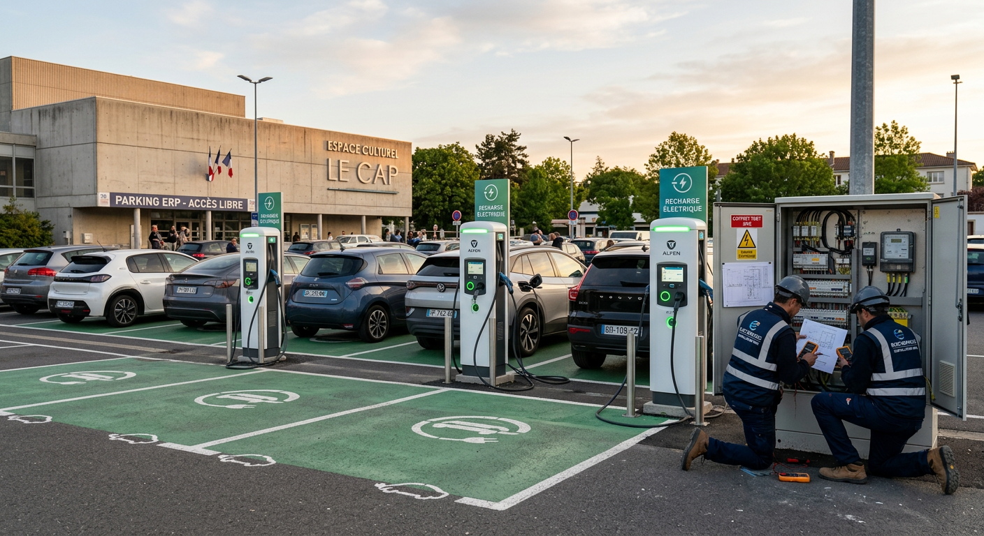 Plusieurs voitures électriques en charge sur des bornes de recharge électrique IRVE modernes dans un parking d’établissement recevant du public avec un installateur en intervention