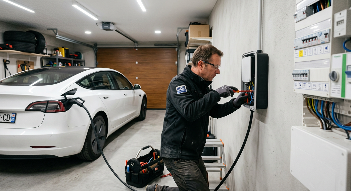 Installateur certifié IRVE posant une borne de recharge électrique murale dans un garage résidentiel avec voiture électrique branchée