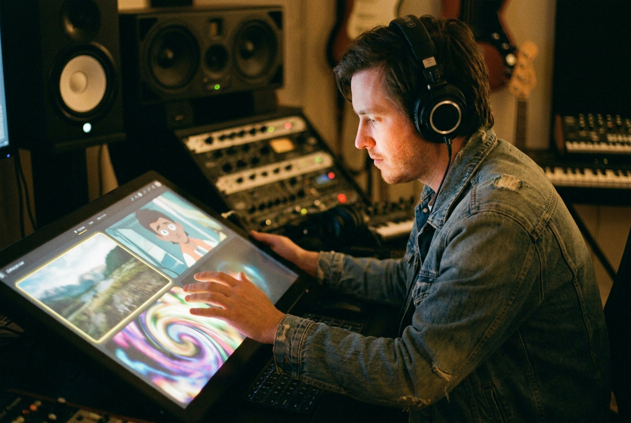 A musician at a glowing touchscreen interface selecting between different AI video model options displayed as colorful cards, each showing a preview of a different visual style — cinematic realism, anime, abstract visuals — in a modern home studio with monitors and speakers in the background