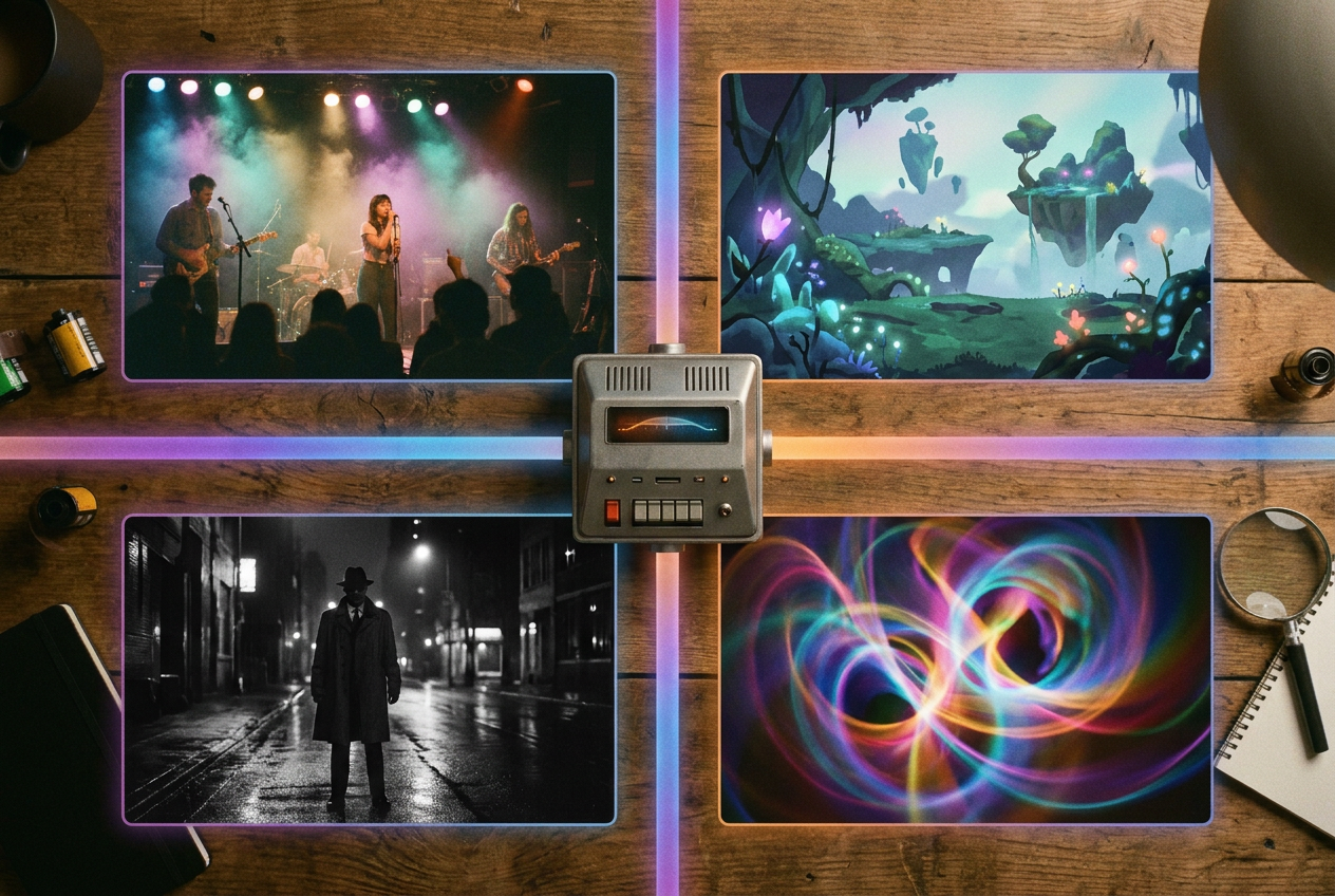 A split-screen comparison showing four different AI-generated music video frames side by side — one realistic concert performance, one animated fantasy landscape, one moody noir street scene, and one vibrant abstract light show — each labeled with a different model name, connected by flowing gradient lines to a central routing hub
