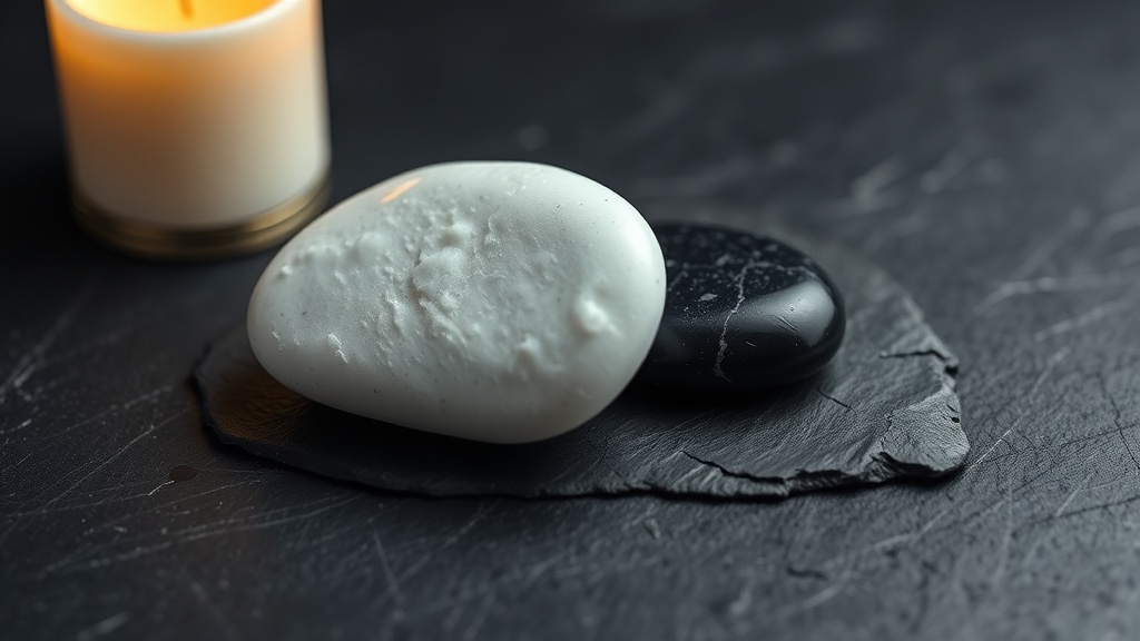 Deux galets lisses, l'un blanc et l'un noir, posés sur ardoise, symbolisant le Yin et le Yang