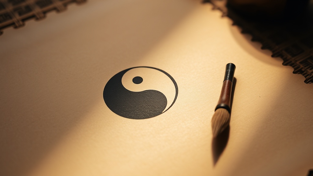 Dessin au pinceau encre noire du symbole yin et yang sur papier parchemin ancien