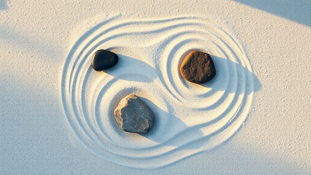Jardin zen miniature avec sable raclé en courbe en S symbolisant la ligne courbe du yin yang