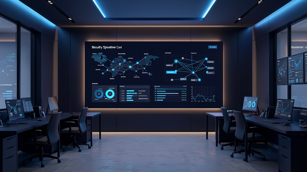Modern SOC control room with a single unified screen instead of a wall of monitors, featuring cinematic navy/blue ambient lighting