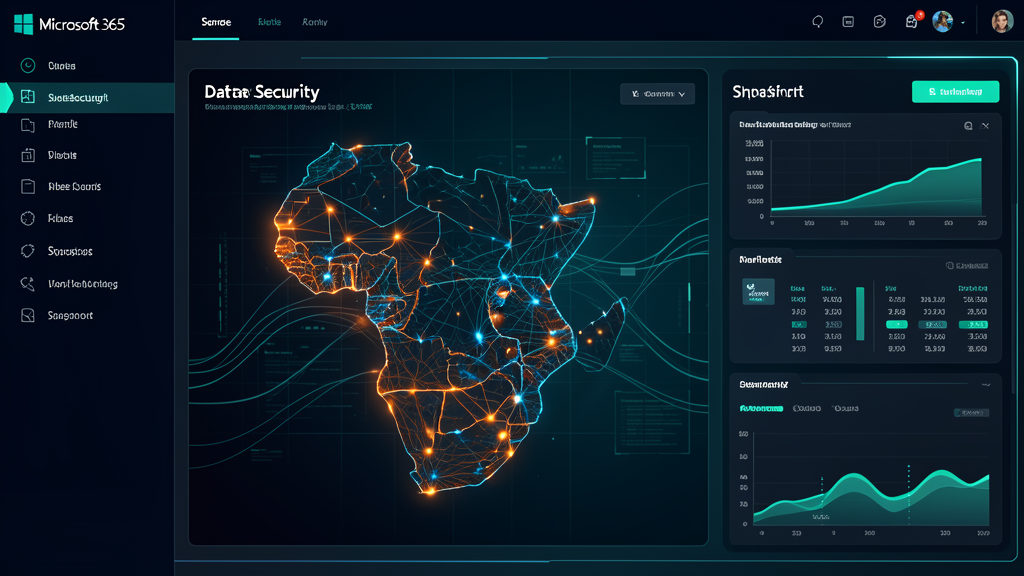 Modern data security dashboard showing a map of South Africa with data connection points, M365 and SharePoint visual elements, navy and blue cyber security interface