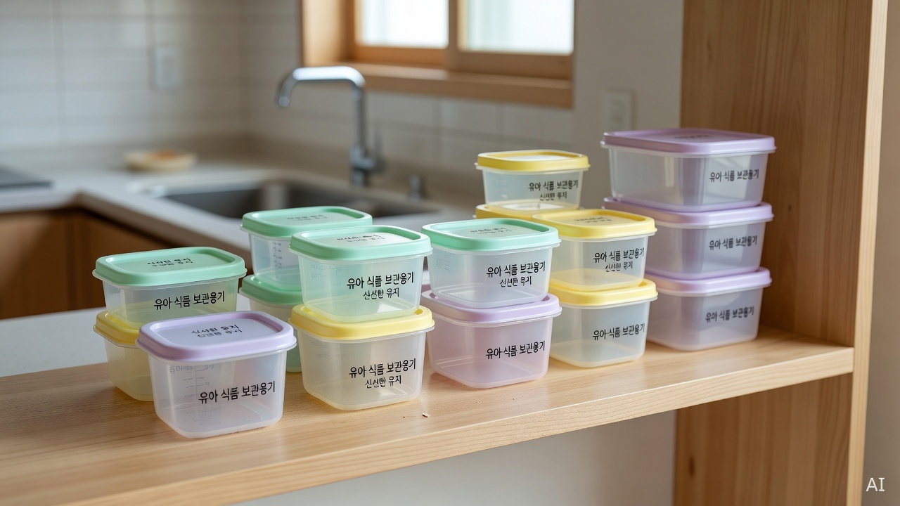 baby food storage containers with lids on a clean kitchen shelf