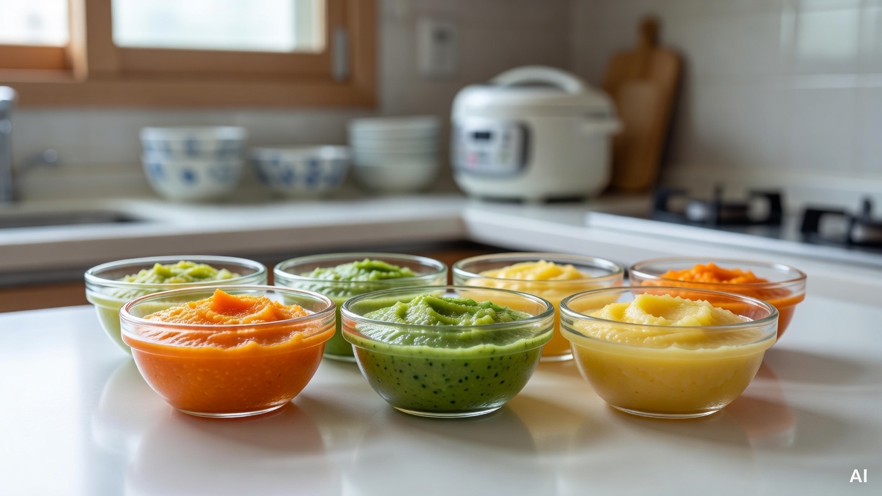 small glass bowls of colorful baby food purees arranged on a white kitchen counter