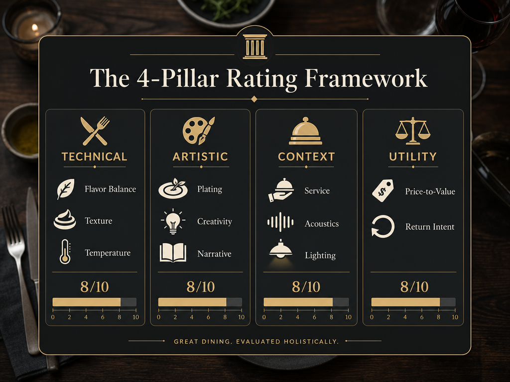 A structured 4-pillar framework helps foodies move beyond simple 'tasty' ratings and into professional-grade culinary analysis of every meal.
