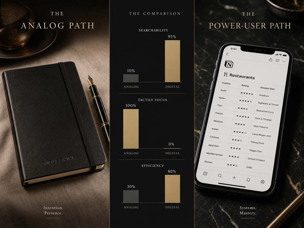 Choosing between digital searchability and analog focus is the first major step in building a sustainable dish journaling habit.