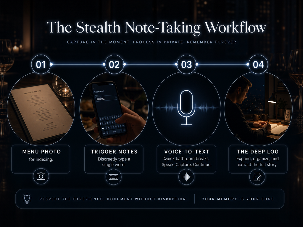 Professional note-taking doesn't have to ruin the dining experience. Follow this four-step stealth workflow to log details without appearing like a critic.