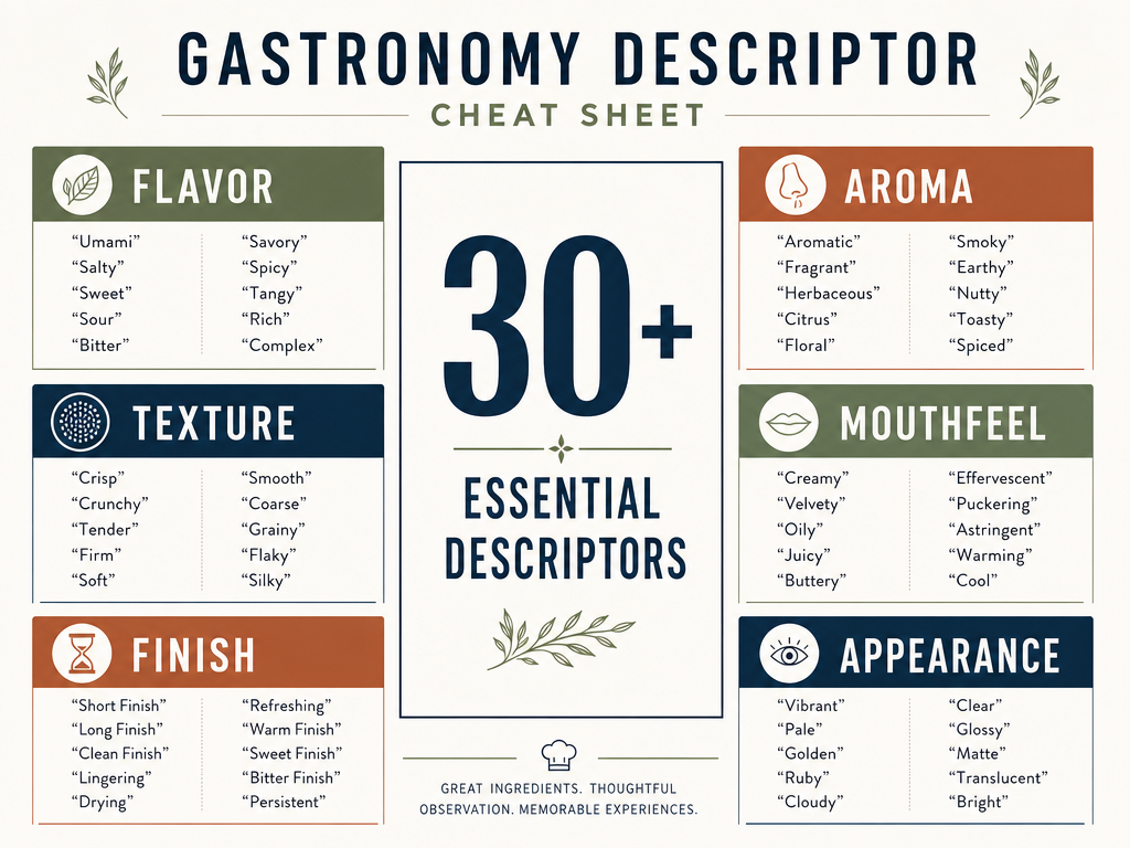 Expand your culinary vocabulary with this gastronomy cheat sheet, designed to help you capture the precise nuances of every dish you rate.