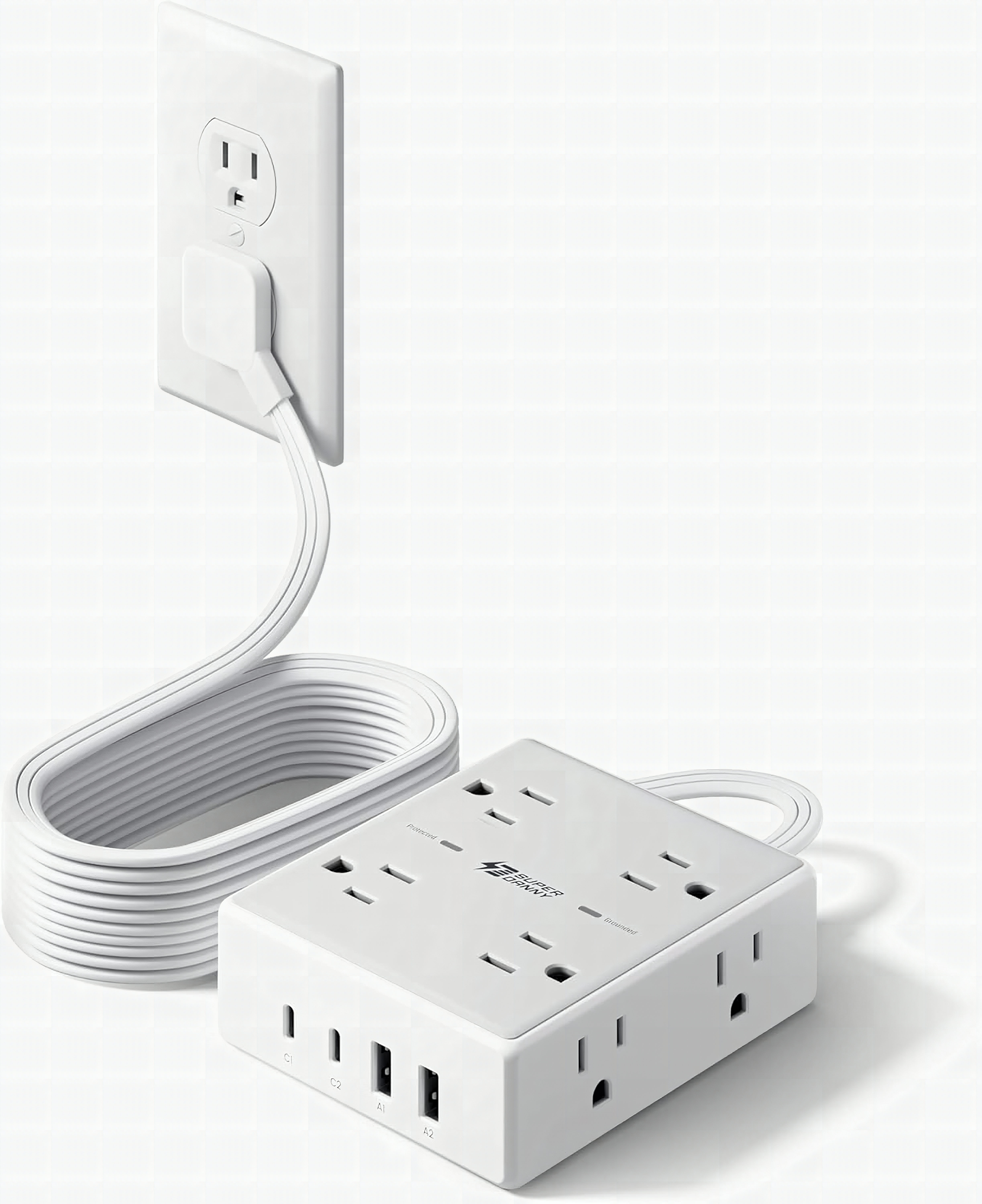 Macro close-up of SUPERDANNY surge protector showing USB-C and AC outlet ports with glowing indicator light