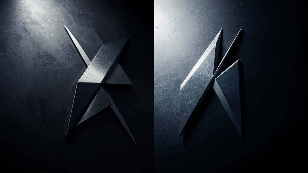 Abstract dual-profile composition contrasting symmetrical and asymmetrical blade shapes in steel-blue