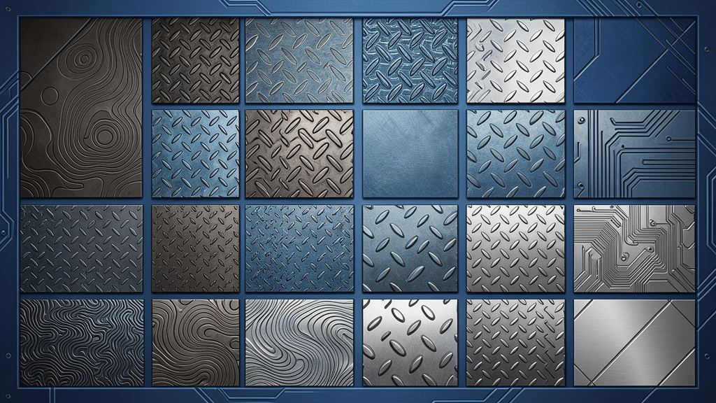 Cool steel-blue abstract material grid suggesting different metal grain textures