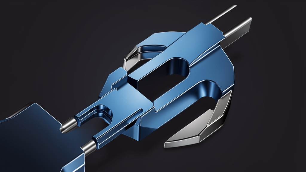 Abstract steel-blue technical composition with wedge-shaped geometry suggesting blade cross-sections