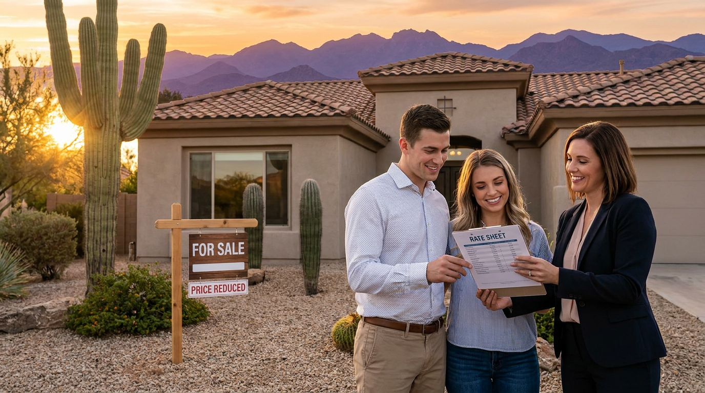 Young couple and their real estate agent standing confidently in front of a Southwestern style home 