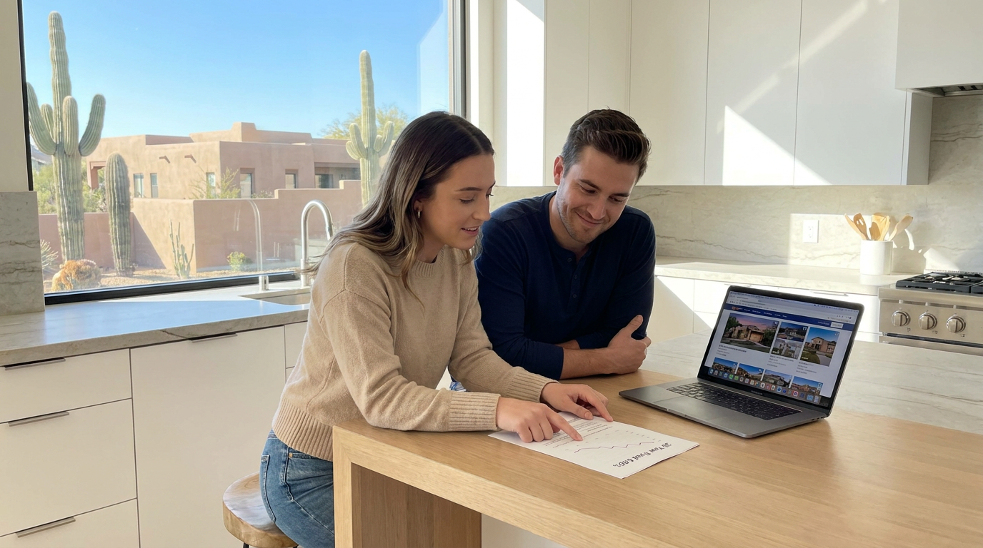 Young couple in a bright kitchen reviewing a printed mortgage rate sheet showing “30‑Year Fixed 6.65