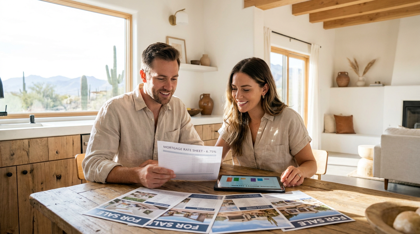Young couple in their 30s sitting at a kitchen table in a bright Southwest-style home, reviewing a p
