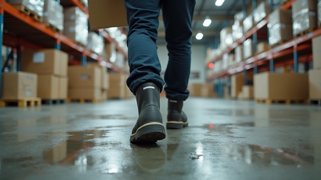 Botas de trabajo impermeables para hombre en almacén con piso mojado