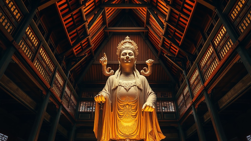 Intérieur du Pavillon Guanyin du temple Dule avec la statue à onze têtes haute de 16 mètres