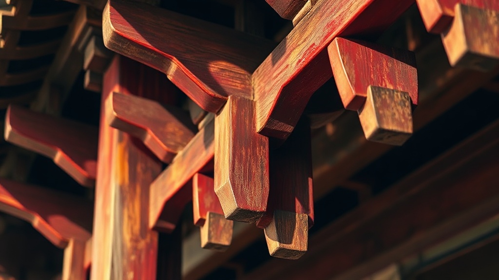 Détail des consoles dougong en bois d'un temple bouddhiste de la période Liao, Ji County Chine