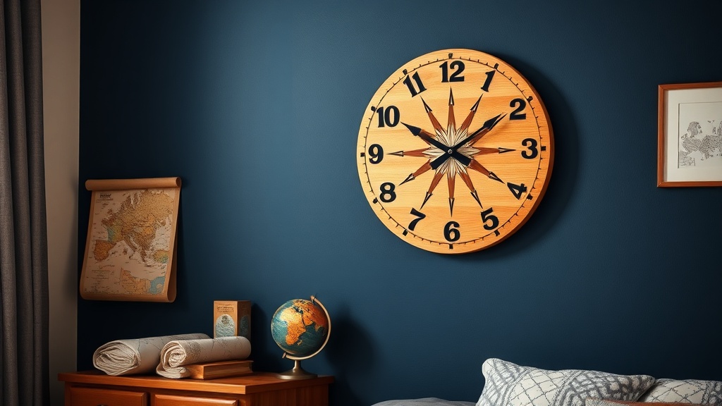 Wooden compass wall clock on navy wall in a children's adventure-themed bedroom