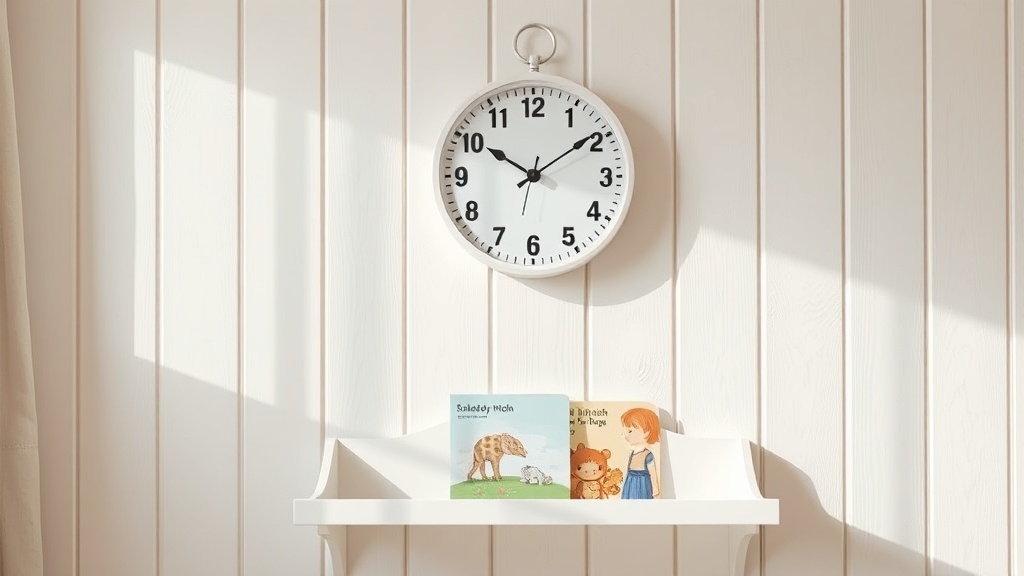 White minimalist wall clock above a children's bookshelf with picture books and ceramic figurine