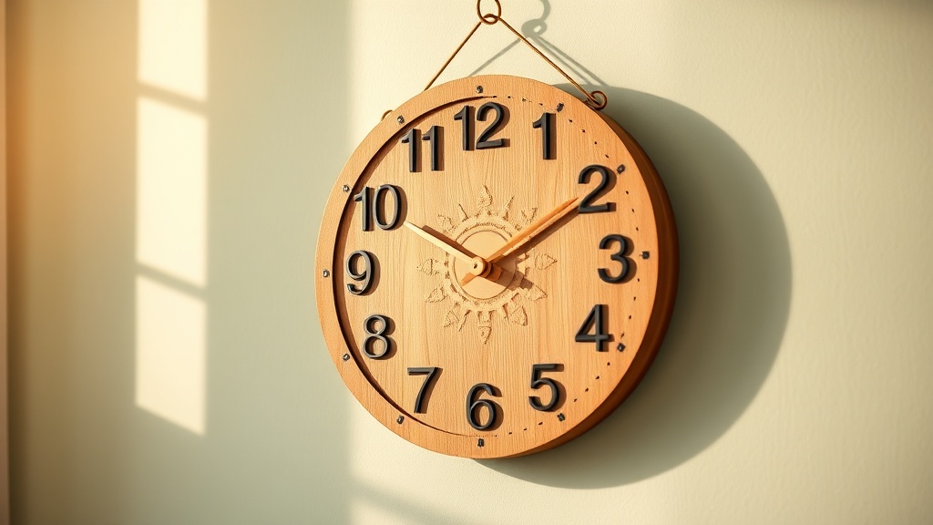 Wooden wall clock with bold numerals and sun motif on a sage-green children's bedroom wall