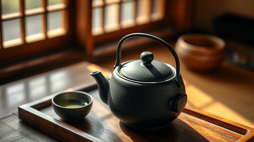 Théière en fonte japonaise tetsubin noire posée sur plateau en bois avec tasse de thé vert