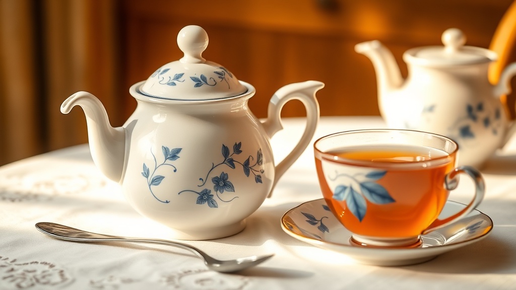 Théière en porcelaine blanche à motifs bleus style anglais avec tasse de thé ambre