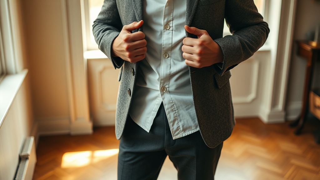 Man wearing Donegal tweed jacket over white shirt and charcoal flannel trousers in smart casual urban setting