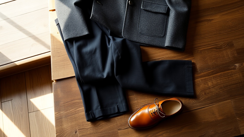 Donegal tweed jacket, charcoal pleated wool trousers, and tan leather brogues laid out as a complete outfit