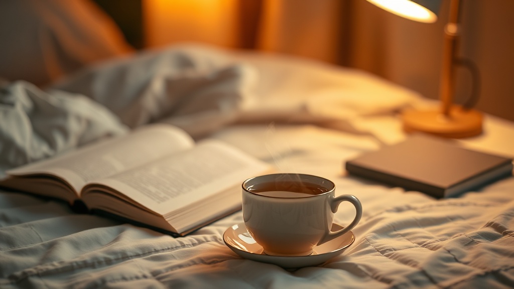 Tasse de tisane du soir sur une table de nuit dans une ambiance cosy et apaisante