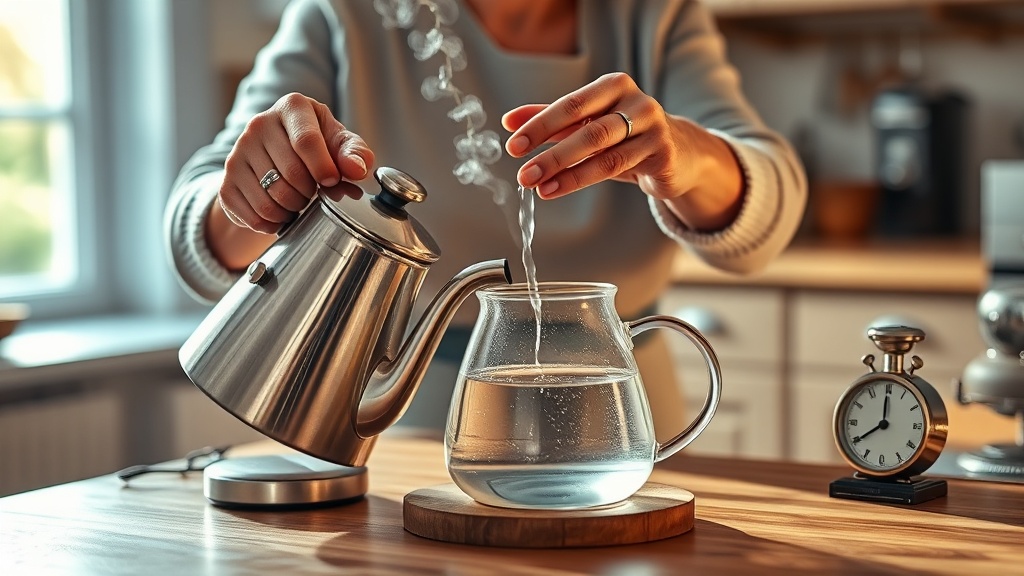 Mains versant de l'eau chaude dans une théière en verre pour préparer une infusion de thé