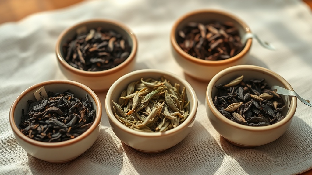 Différents types de thé en vrac - thé noir, thé vert, oolong et thé blanc - dans des bols en céramique