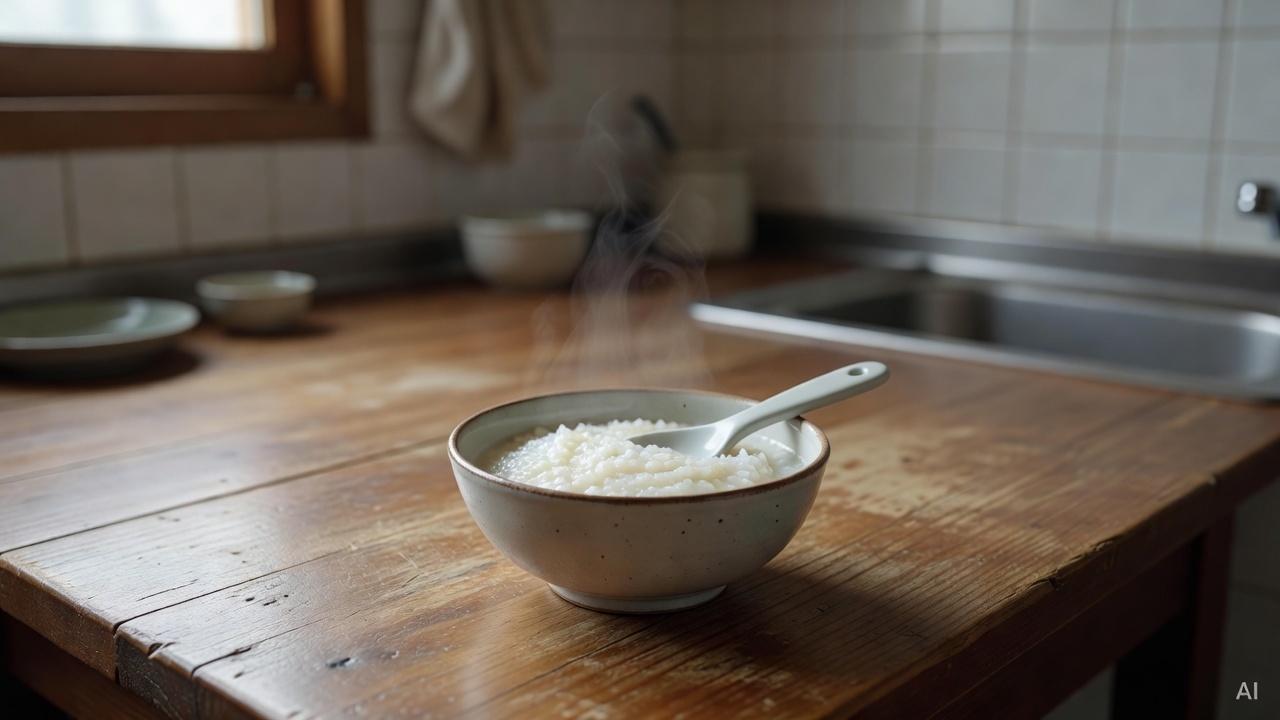 small ceramic bowl with rice porridge and a baby spoon on a wooden kitchen table