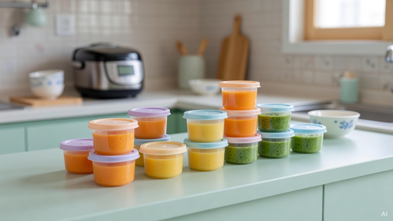 assorted small baby food containers with purees arranged on a pastel-colored kitchen counter