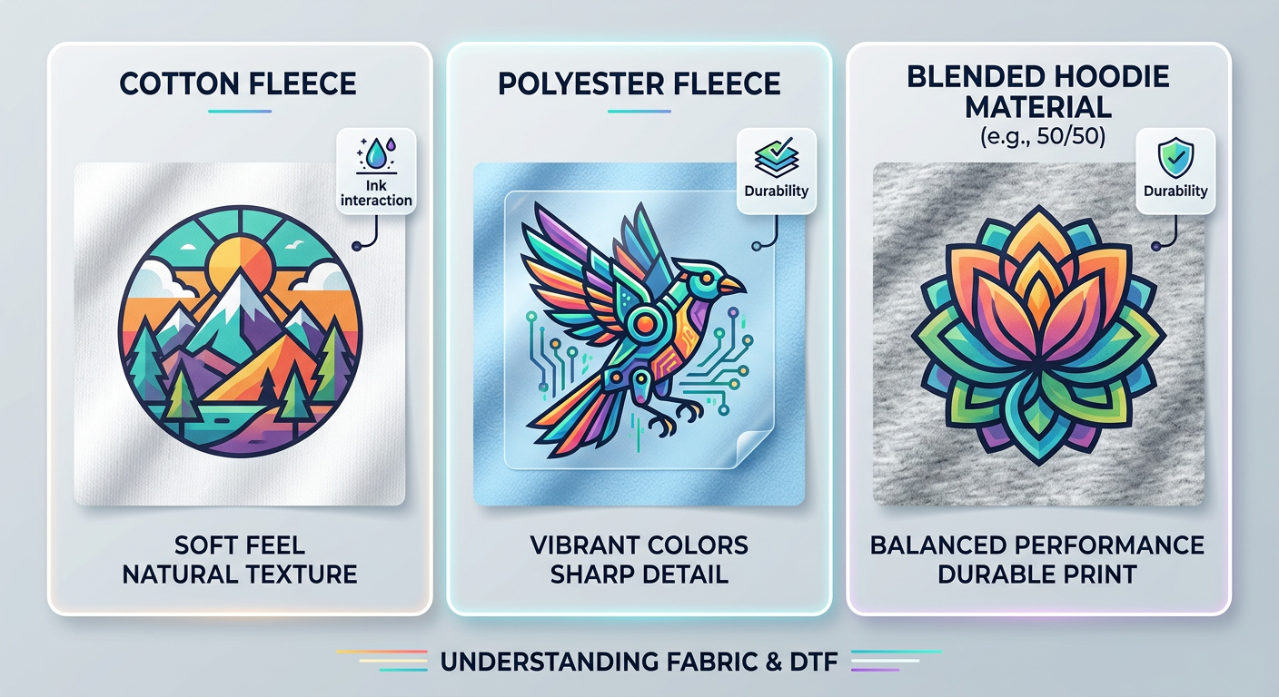 Modern illustrative side-by-side view of three hoodie fabric types with colorful DTF graphics applied, cotton fleece, poly...