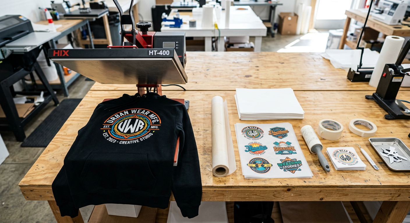 Photorealistic overhead shot of a hoodie pressing station with a heat press, parchment paper, DTF film, lint roller, and f...